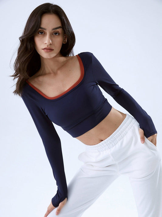 Varsity Cropped Square Neck Long Sleeve Top