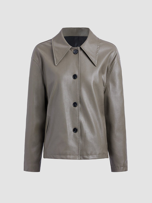 Long Button-Front Leather Jacket