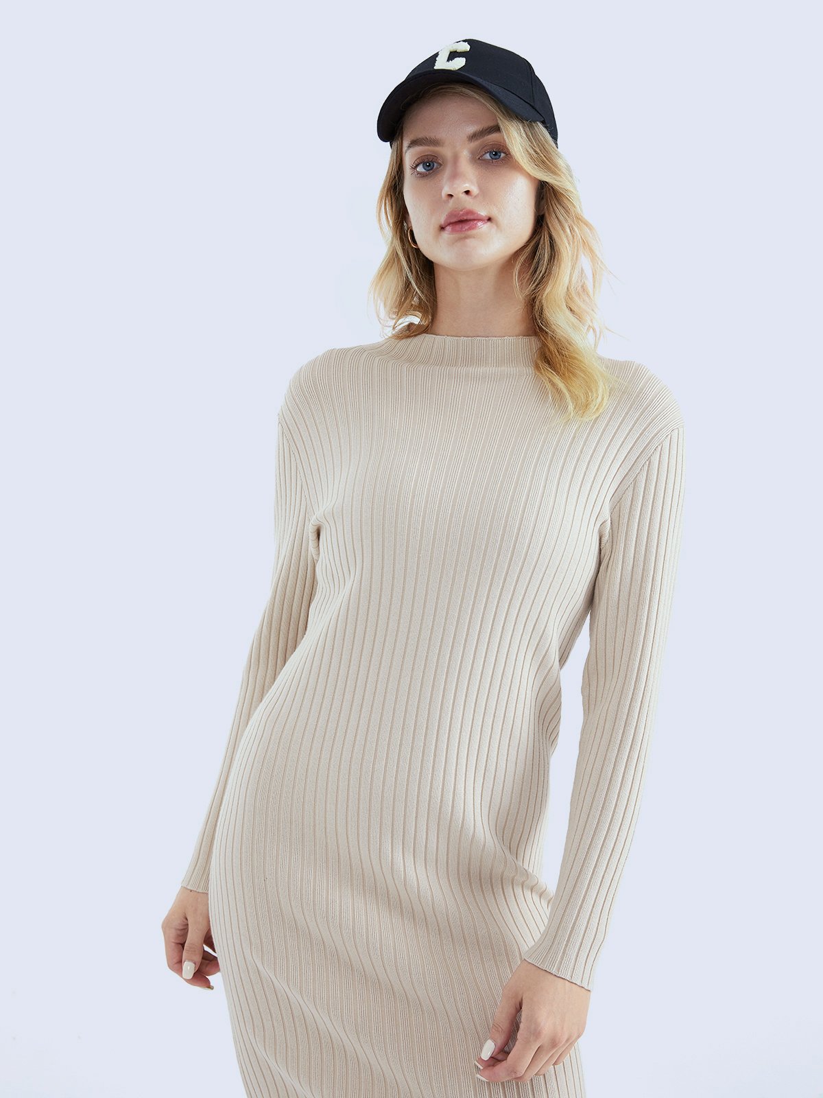 Ribbed Mockneck Long Sleeve Sweater Dress