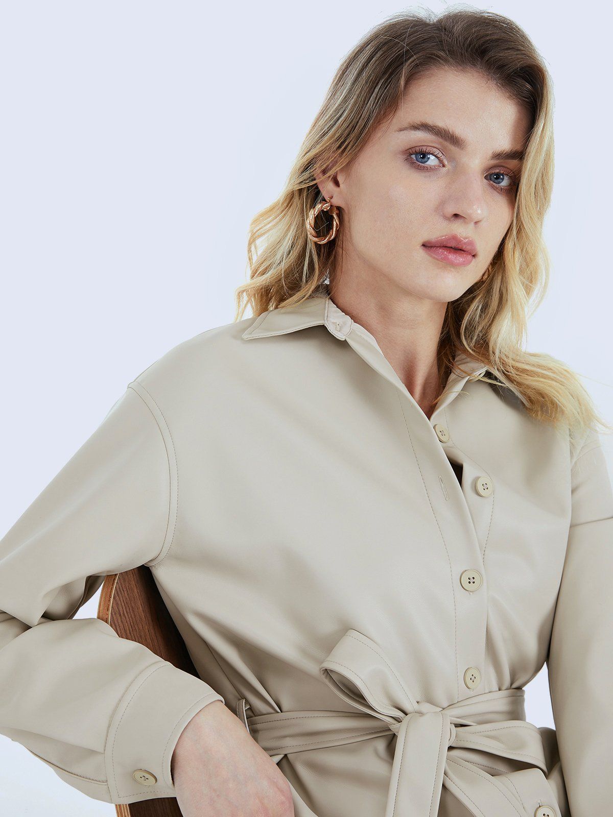 Leather Button Front Collared Trench Coat