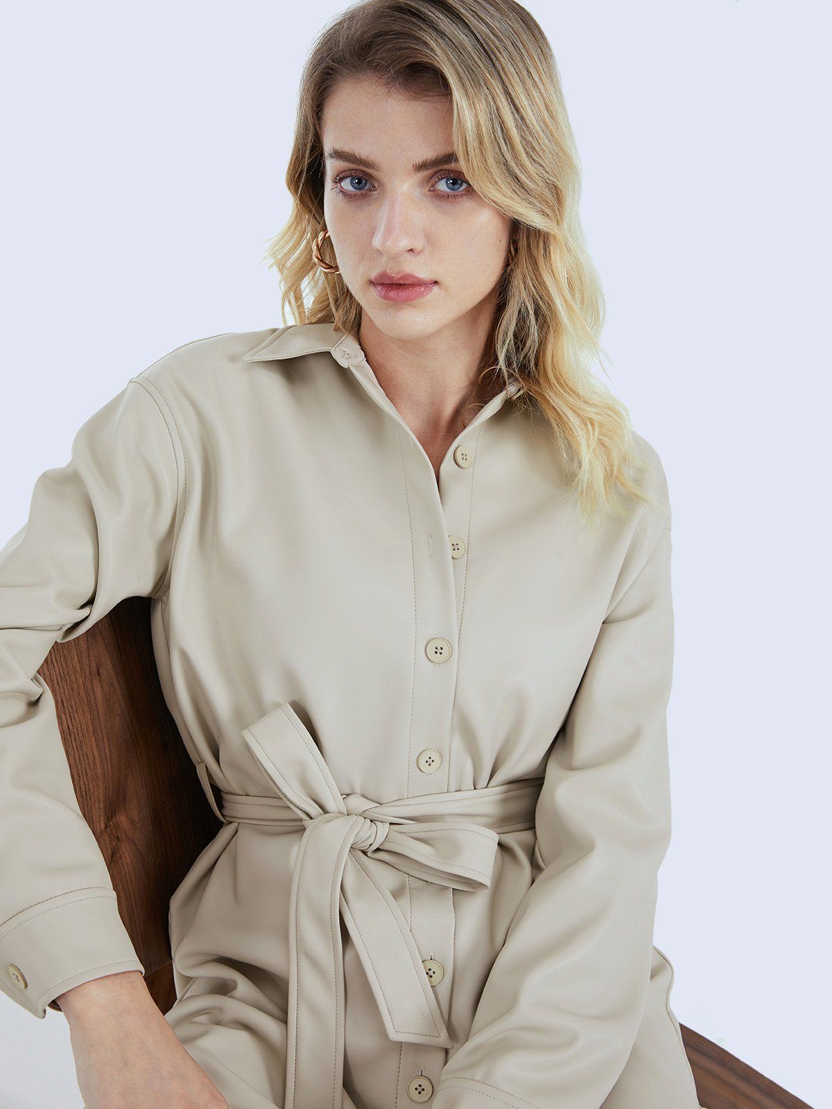 Leather Button Front Collared Trench Coat