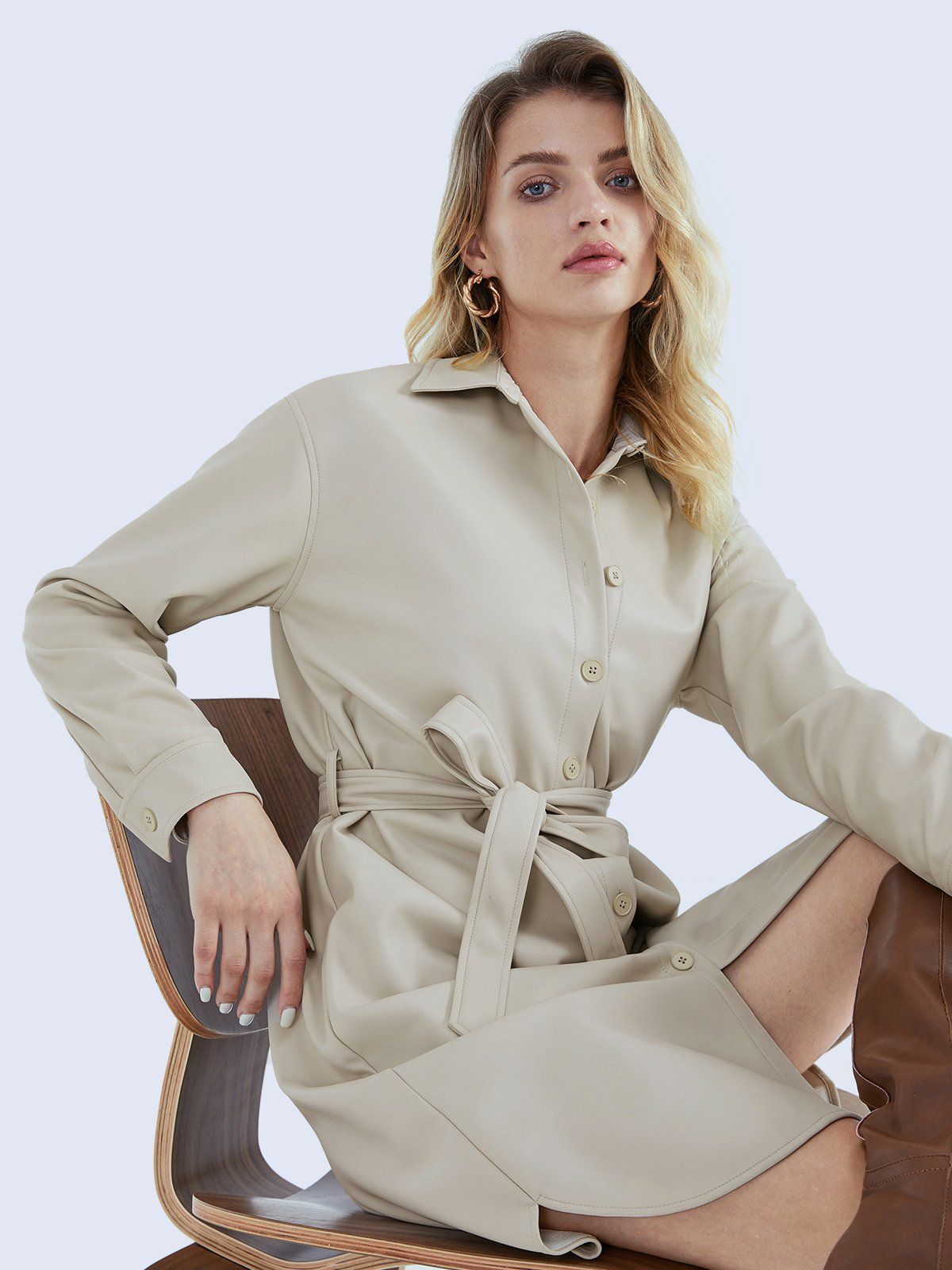 Leather Button Front Collared Trench Coat