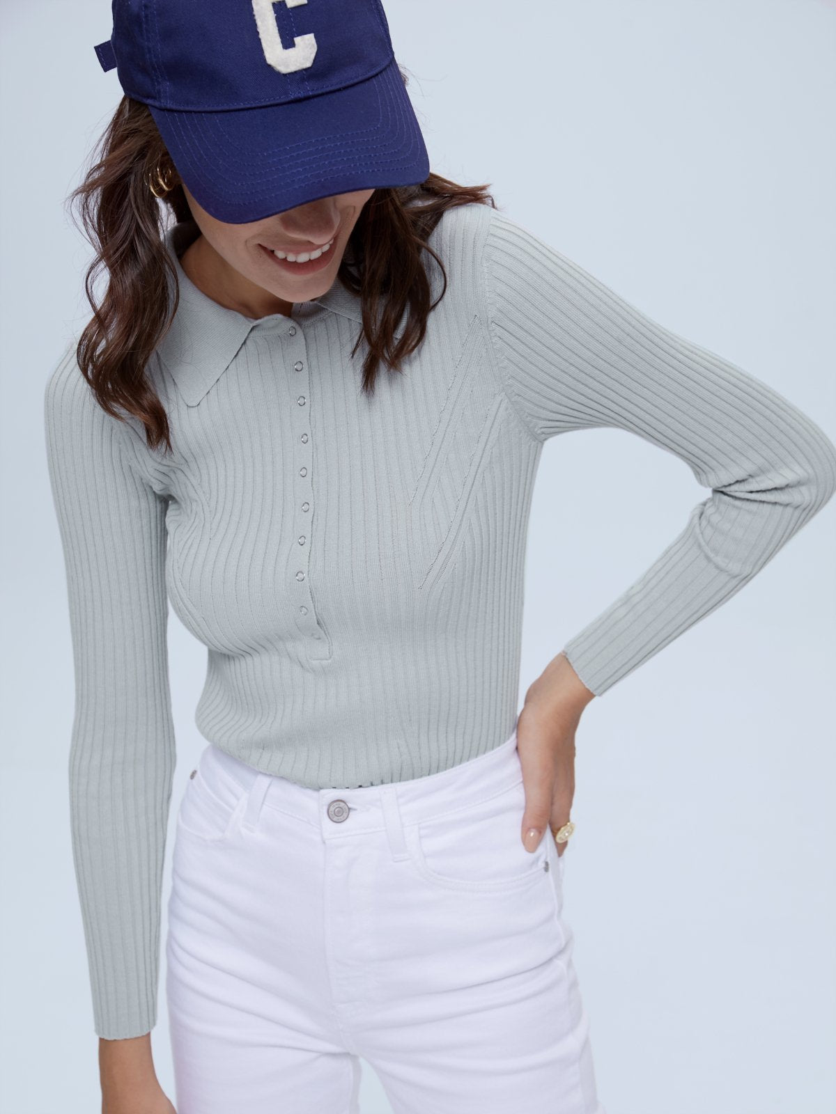 Ribbed Detail Henley Long Sleeve Collared Top