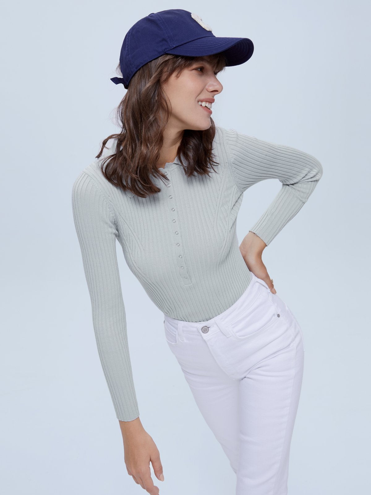 Ribbed Detail Henley Long Sleeve Collared Top