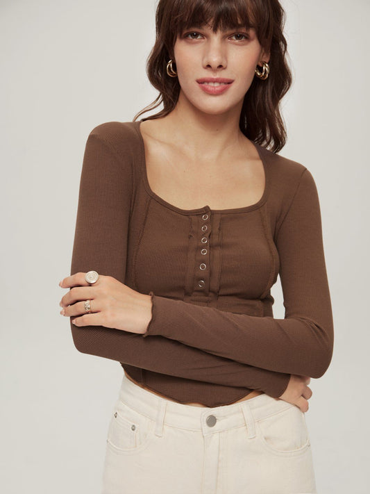 Square Neck Henley Long Sleeve Top