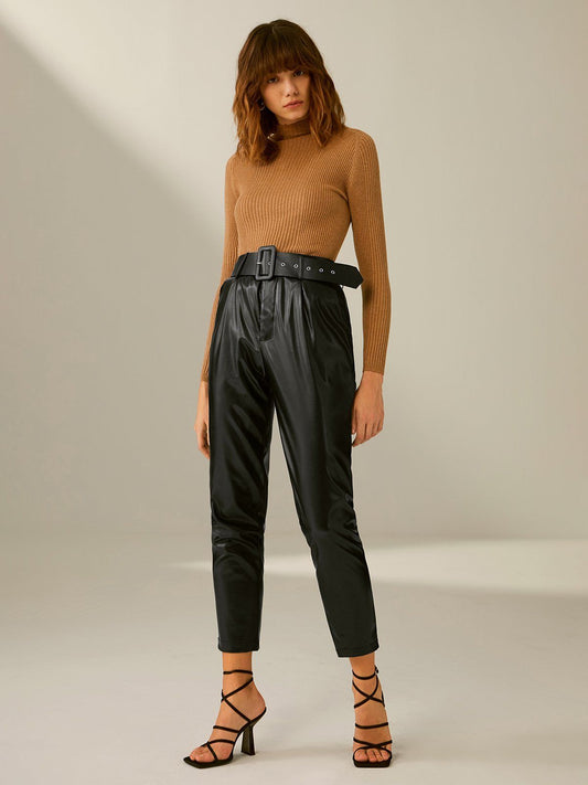 High-Waisted Belted Tapered Leather Pants