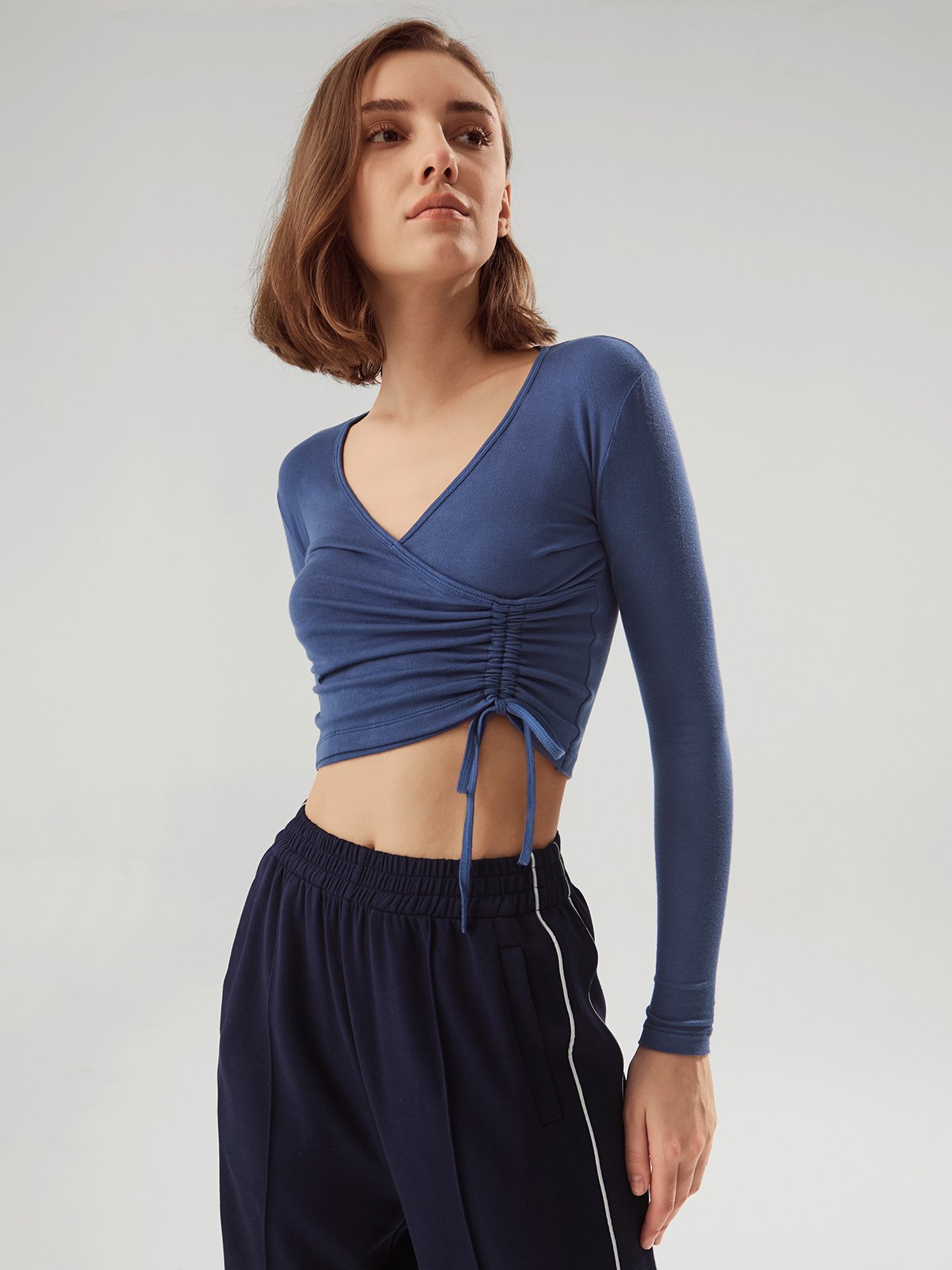 Long Sleeve Wrap Ruche Tie Top