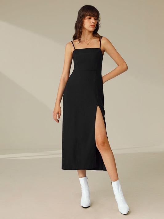 Square Neck Double Strap Wrap Around Dress with Slit