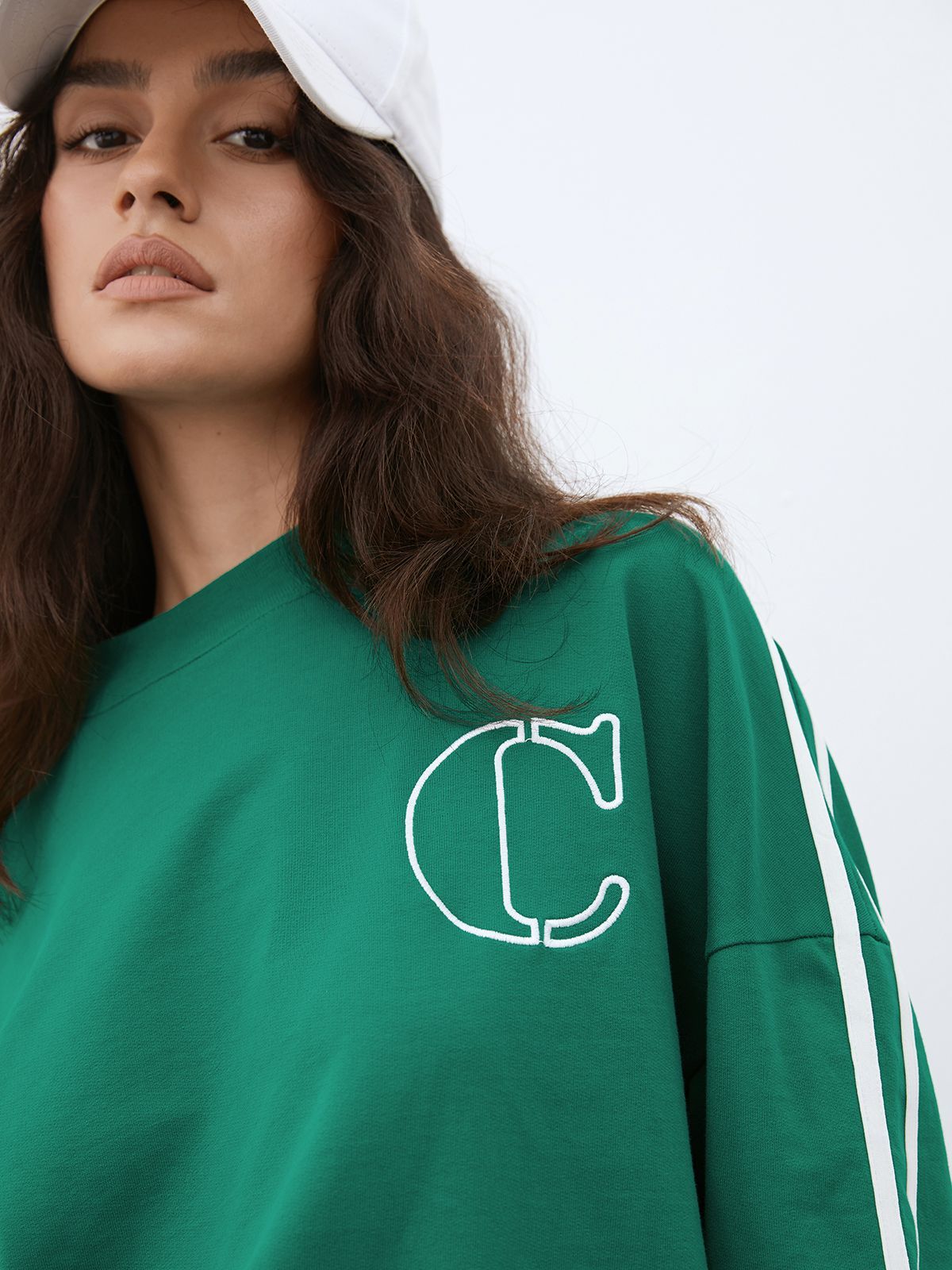 Drop Shoulder Everyday Crewneck Track Sweater with Varsity Stripe