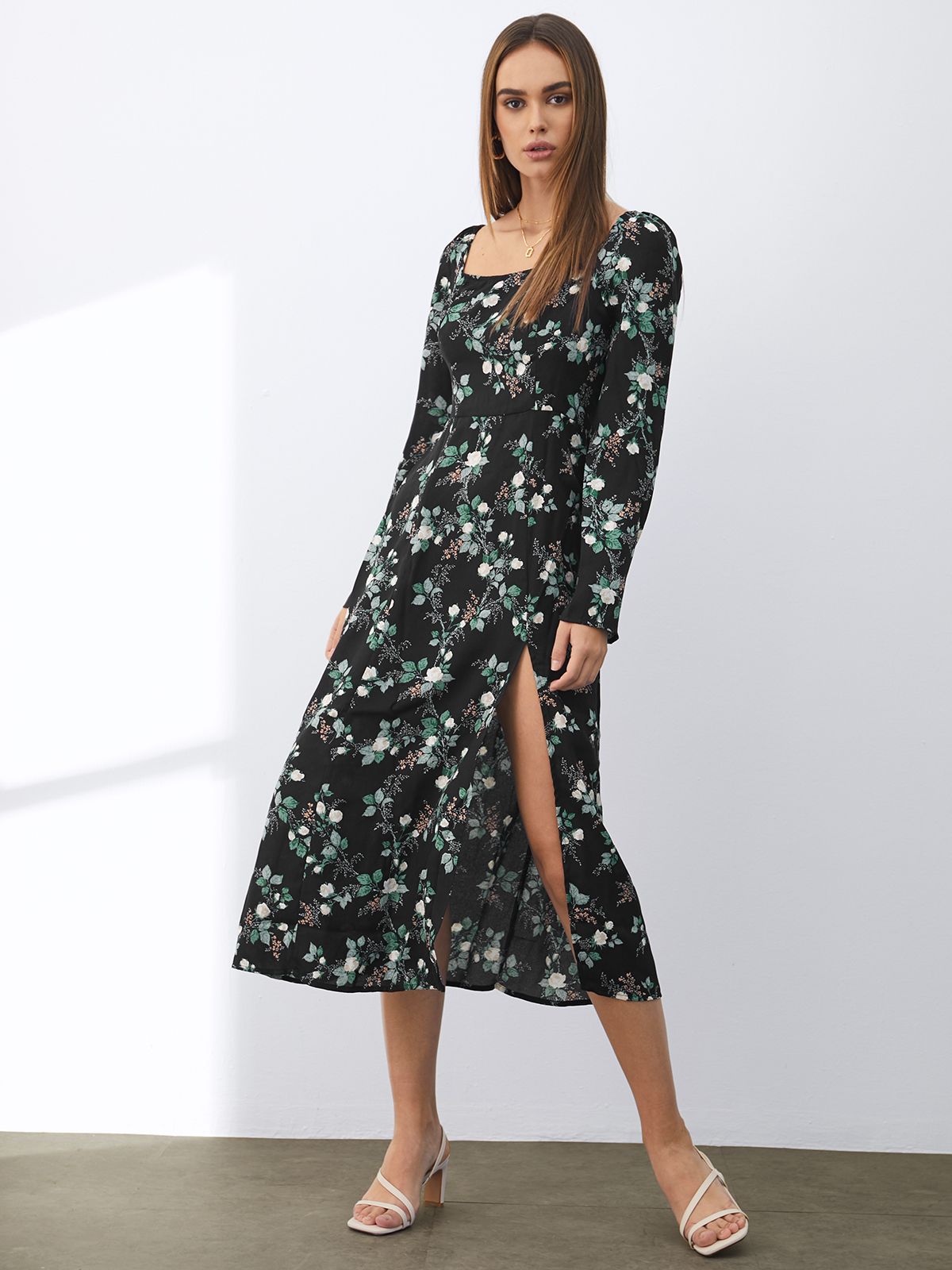 Long Sleeve Floral Everyday Dress with Slits