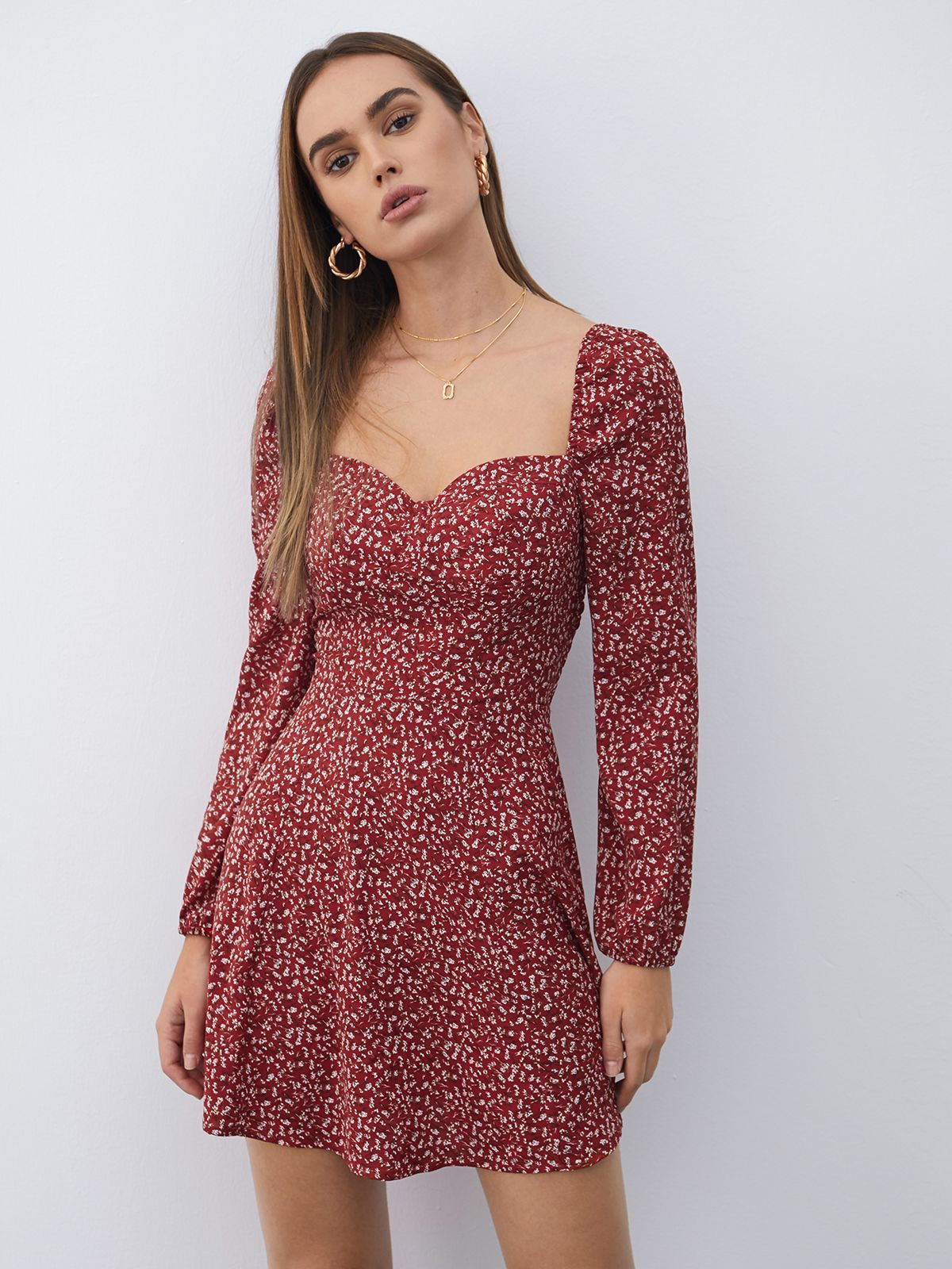 Long Sleeve Floral Square Neck Dress