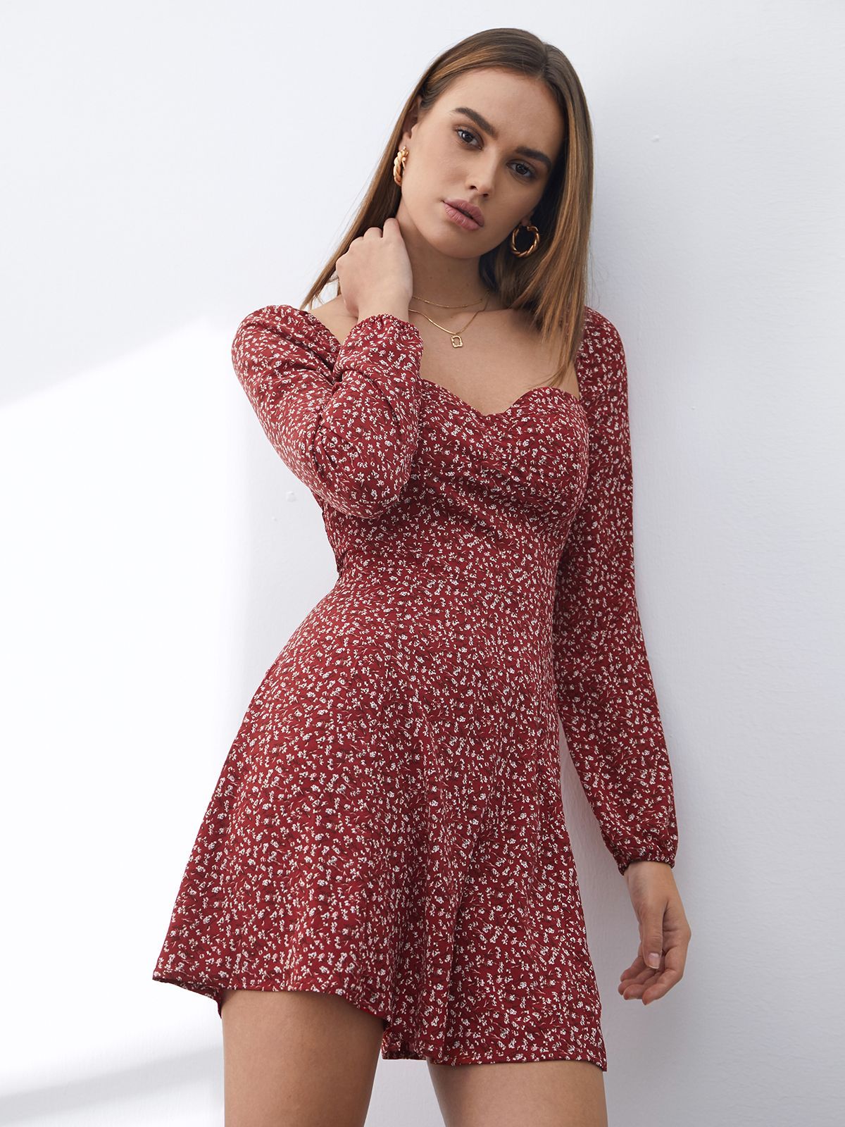 Long Sleeve Floral Square Neck Dress