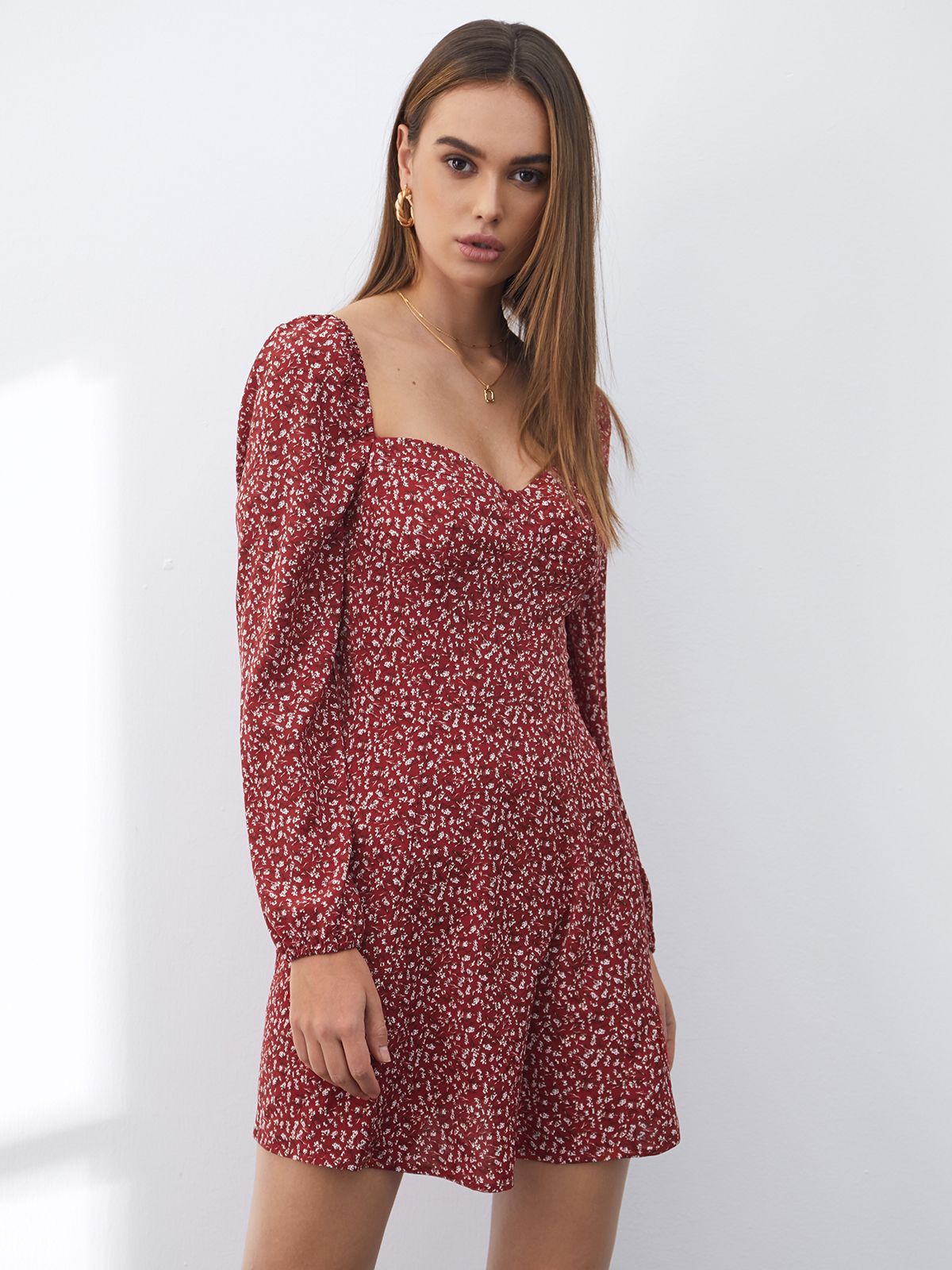 Long Sleeve Floral Square Neck Dress