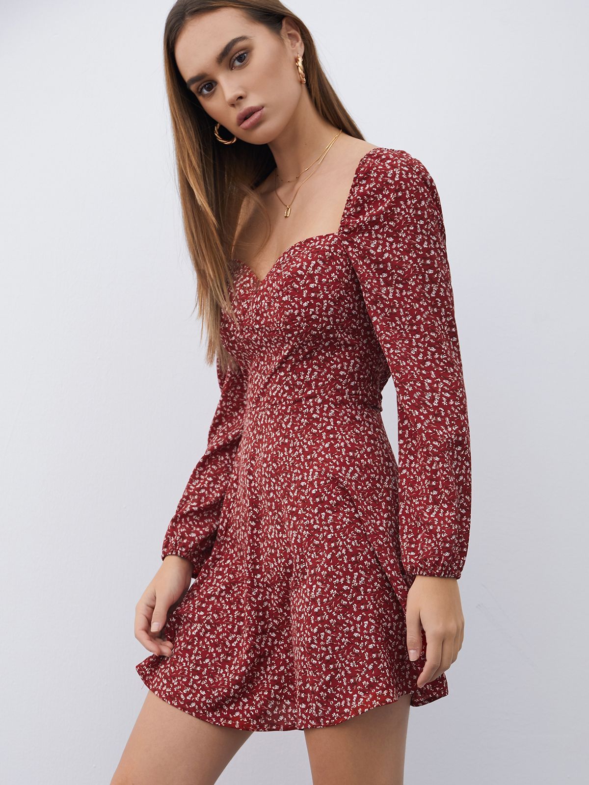 Long Sleeve Floral Square Neck Dress