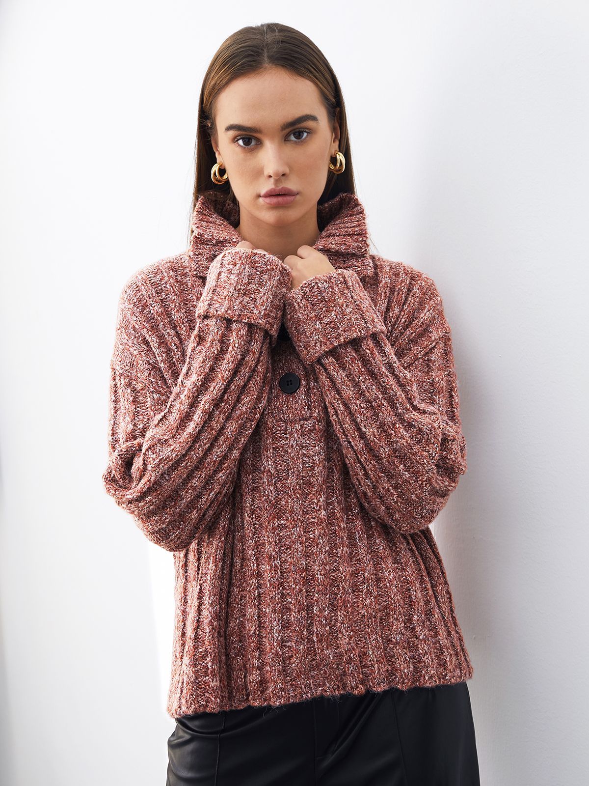 Cozy Oversized Button Turtleneck Ribbed Sweater