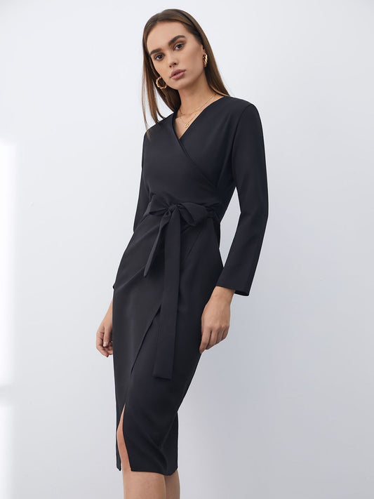 Classic Long Sleeve V Neck Wrap Dress with Belt Tie