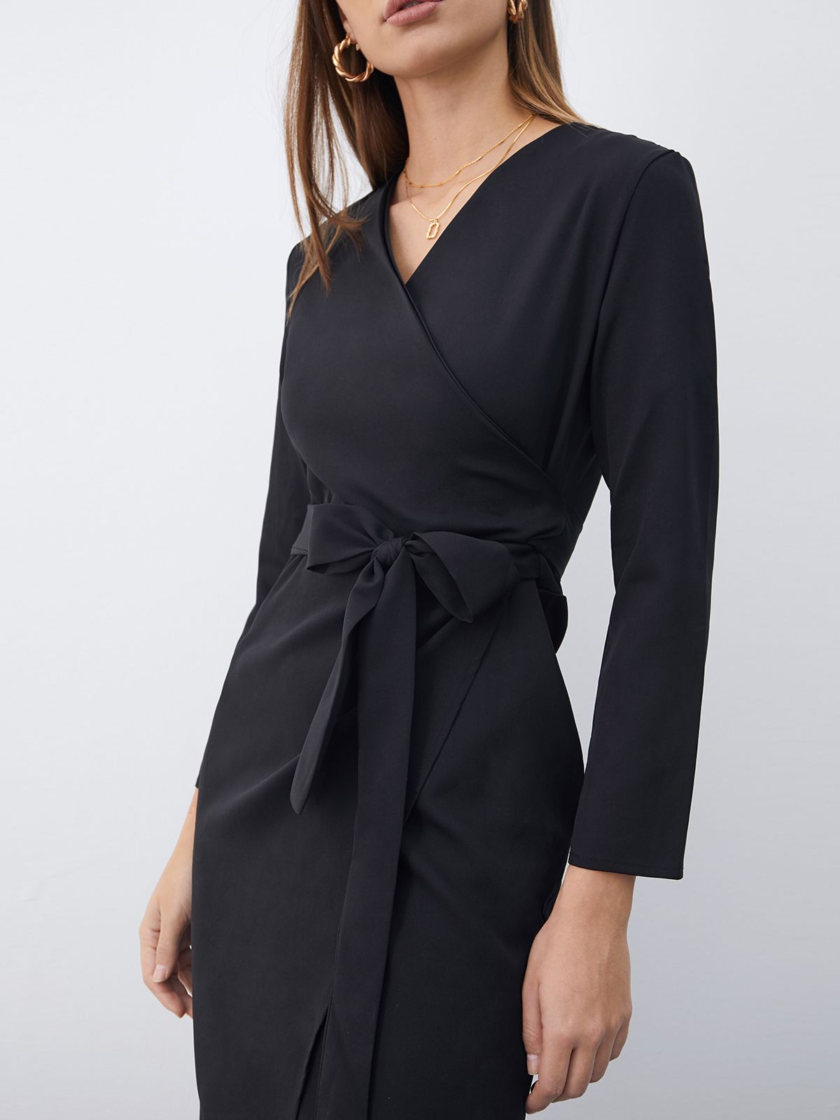 Classic Long Sleeve V Neck Wrap Dress with Belt Tie