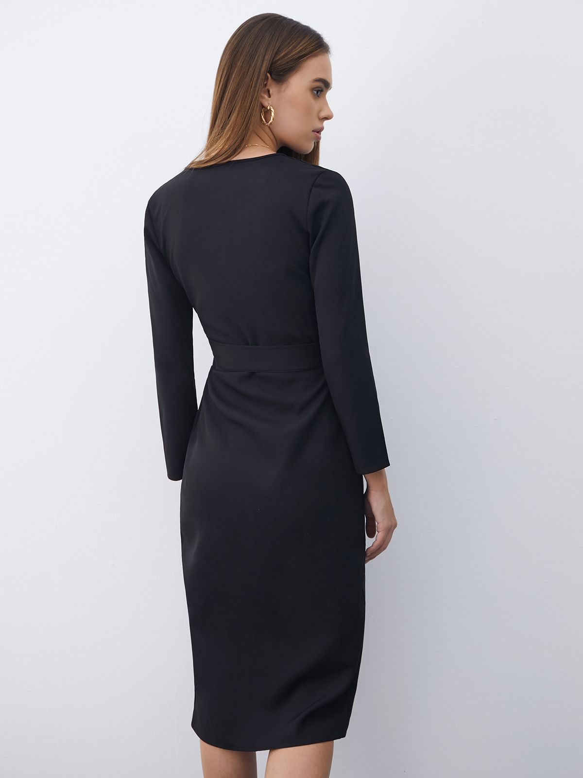 Classic Long Sleeve V Neck Wrap Dress with Belt Tie