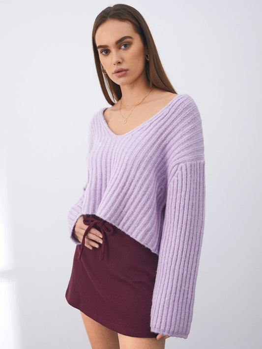 Cropped V Neck Drop Shoulder Wide Ribbed Cozy Sweater