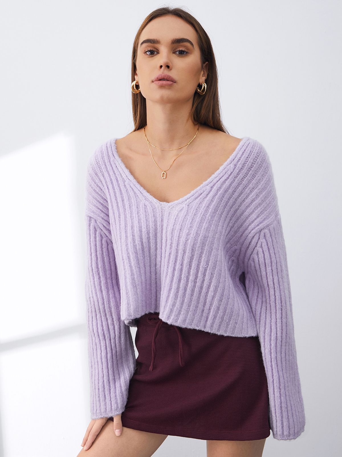 Cropped V Neck Drop Shoulder Wide Ribbed Cozy Sweater