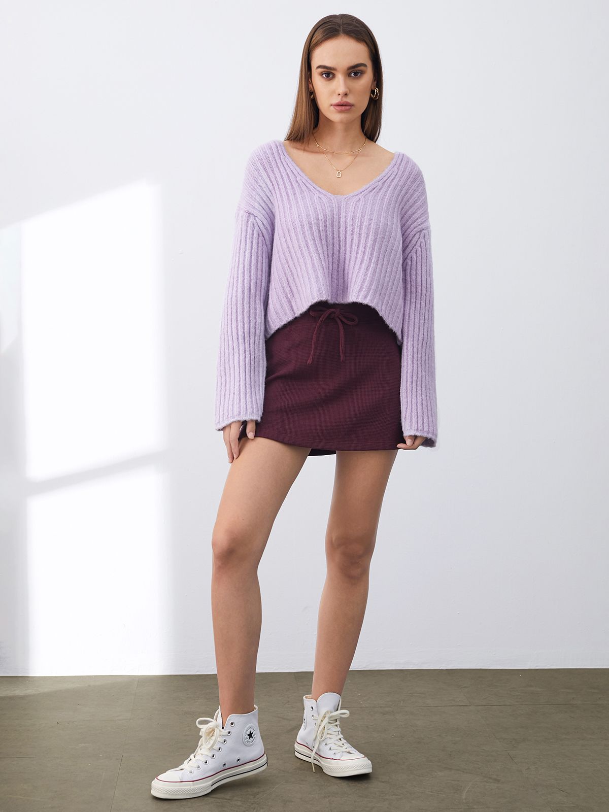 Cropped V Neck Drop Shoulder Wide Ribbed Cozy Sweater