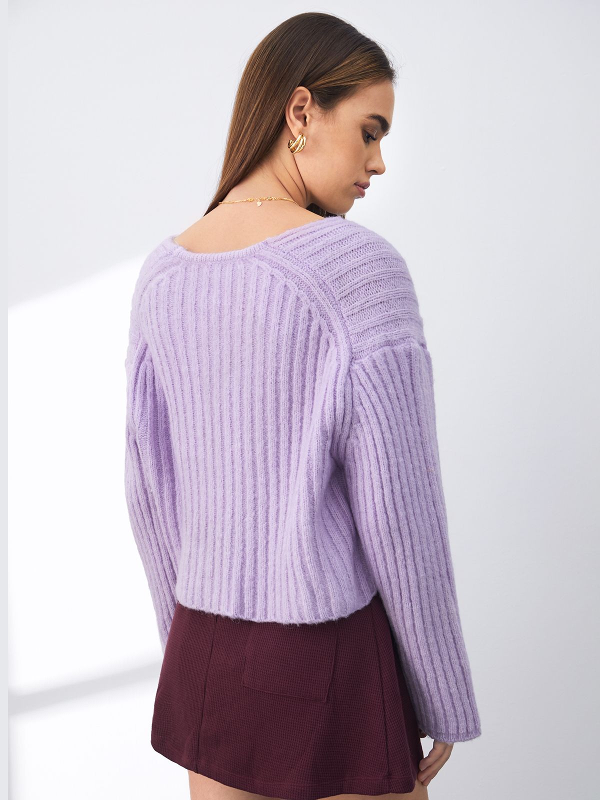 Cropped V Neck Drop Shoulder Wide Ribbed Cozy Sweater