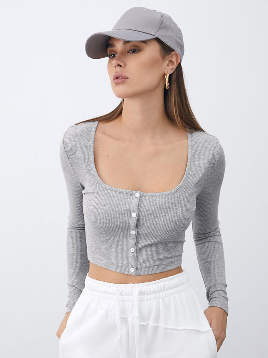 Scoop Neck Casual Button Front Cropped Cardigan