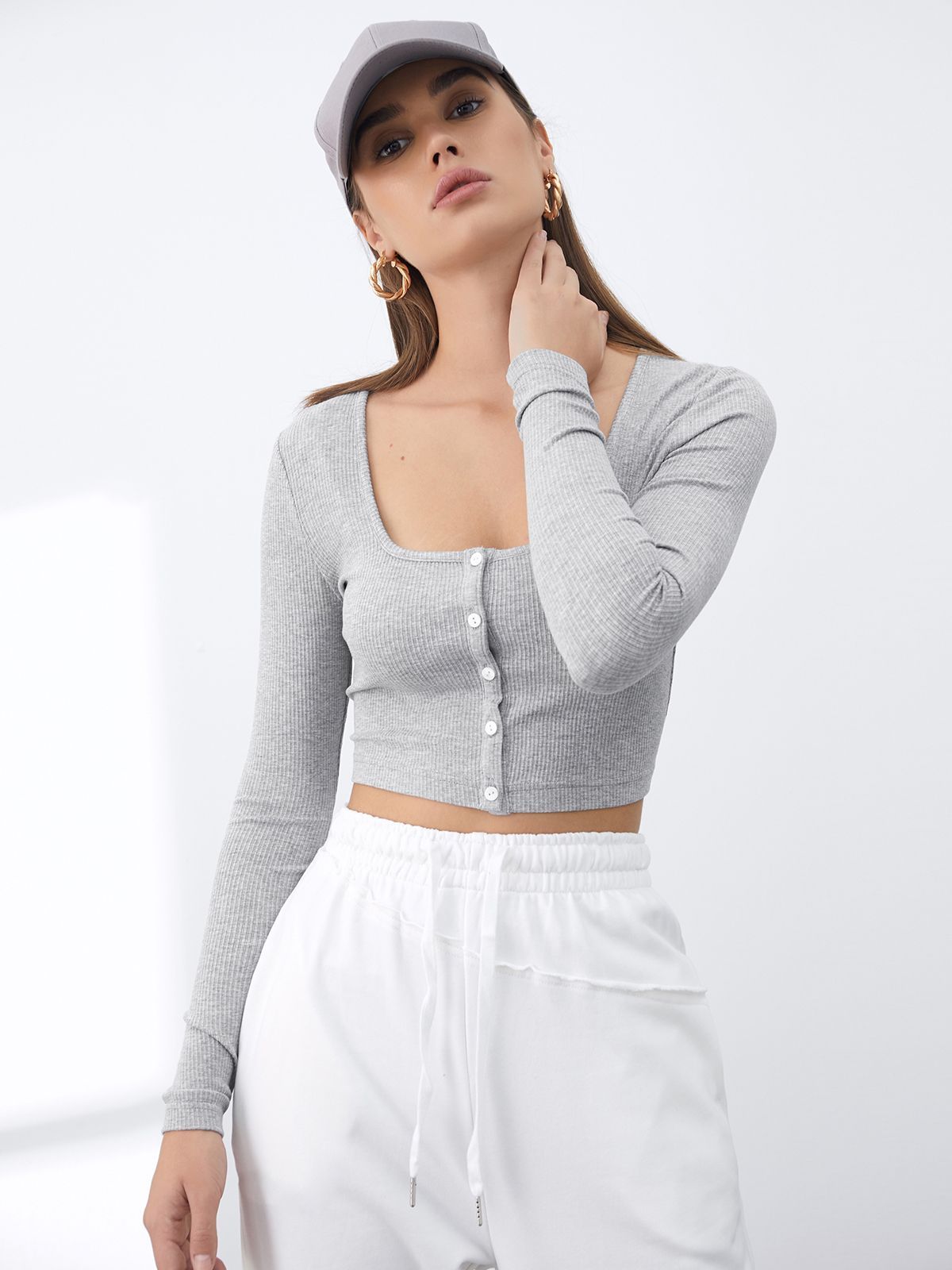 Scoop Neck Casual Button Front Cropped Cardigan