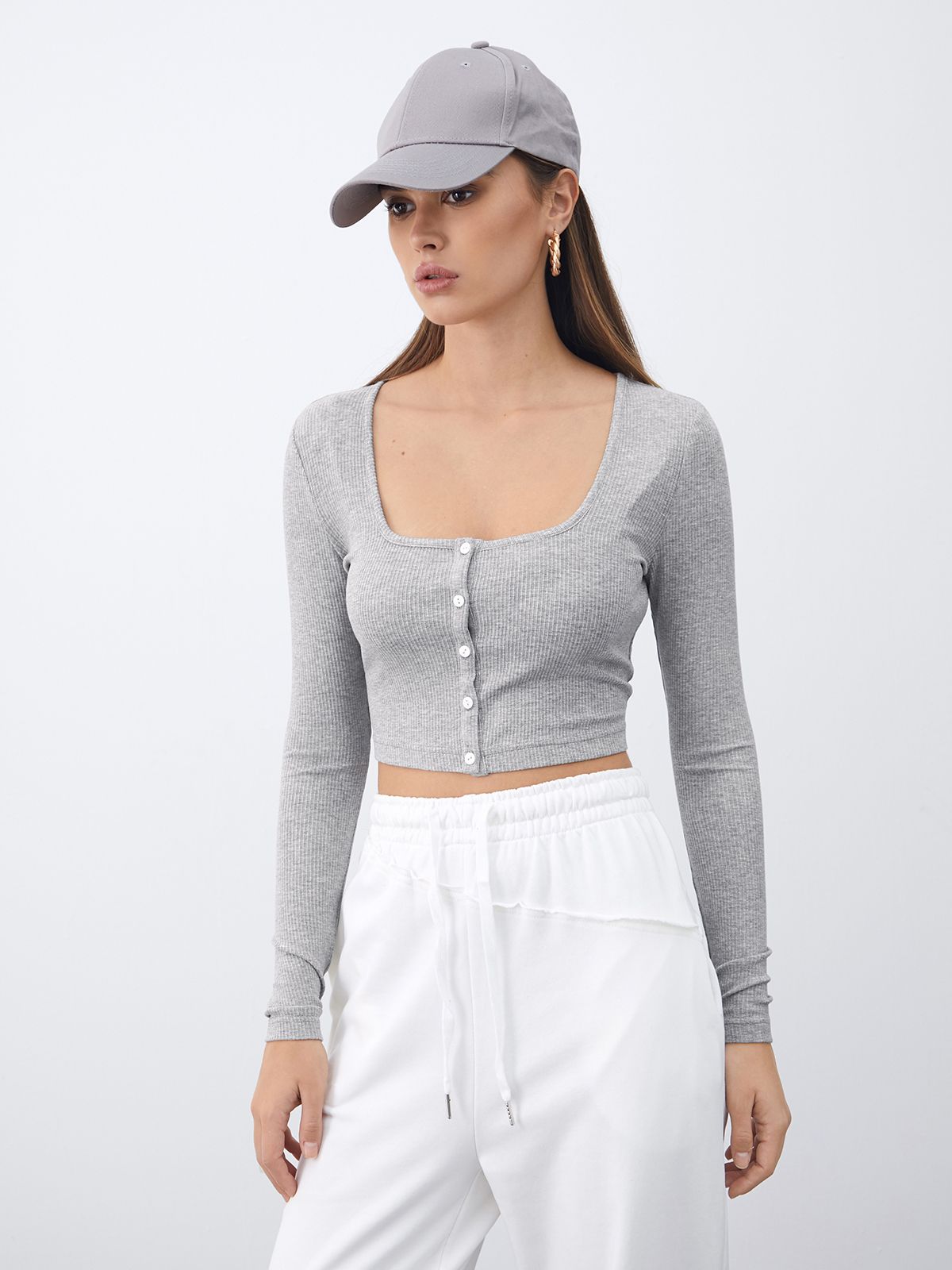 Scoop Neck Casual Button Front Cropped Cardigan