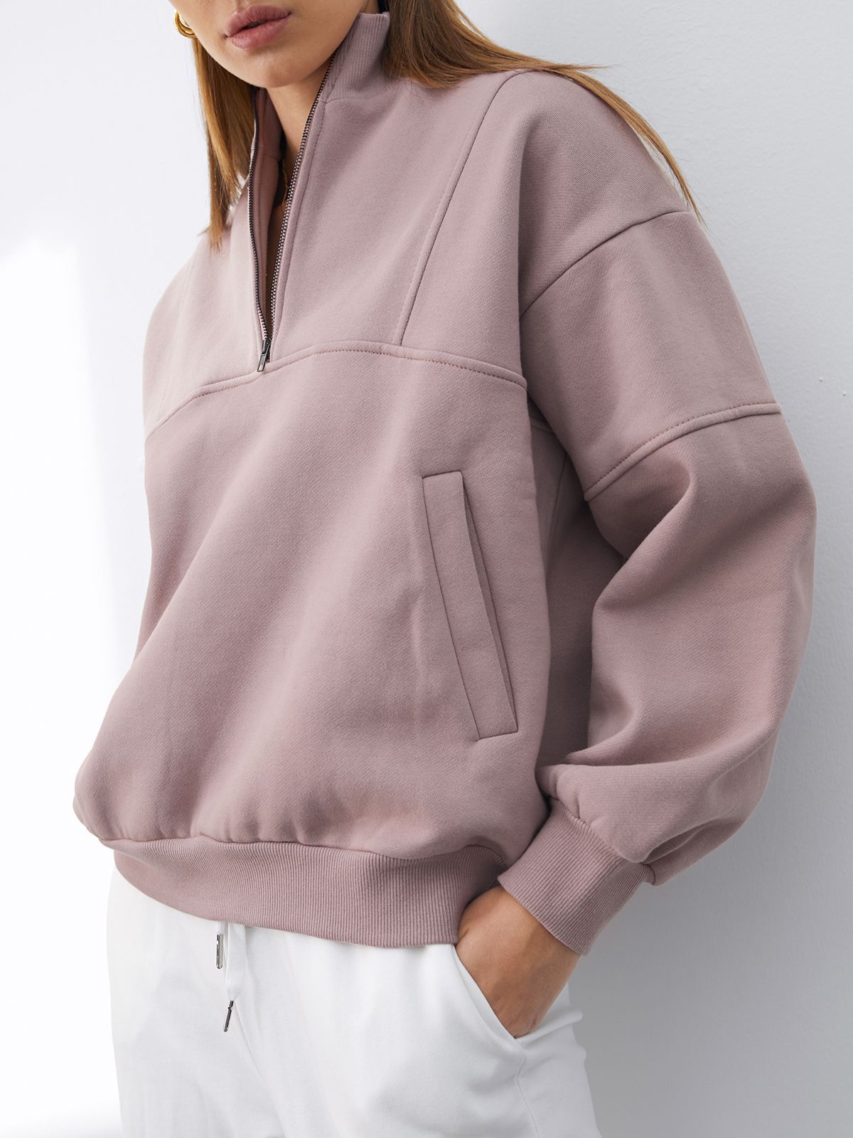 Oversized Quarter Zip Sweater with Piping