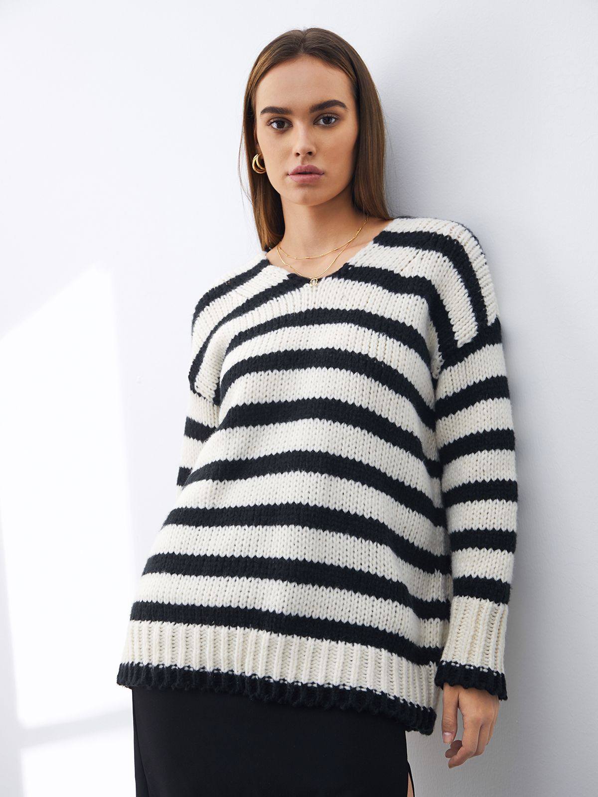 Drop Shoulder Striped V Neck Sweater