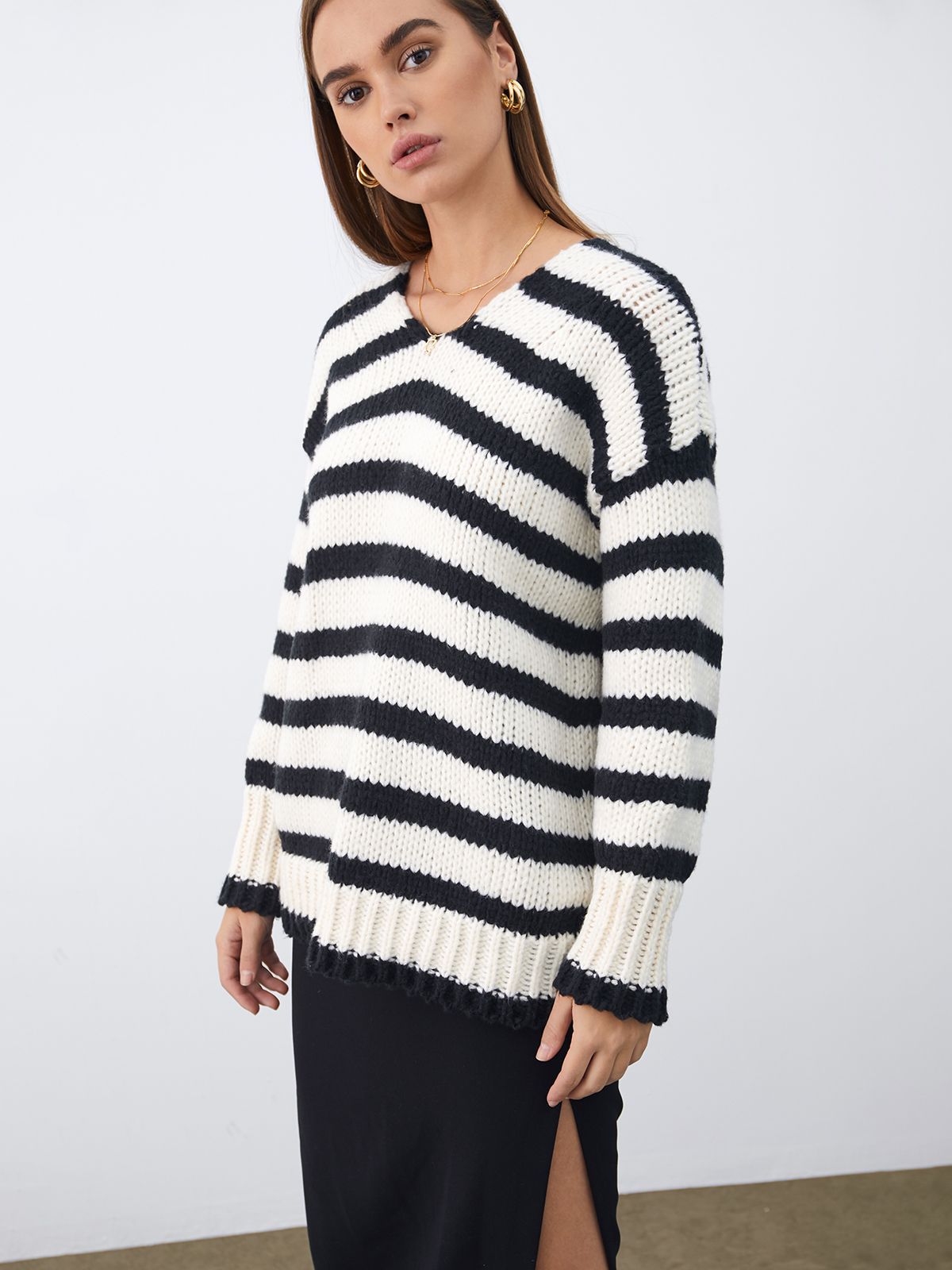 Drop Shoulder Striped V Neck Sweater