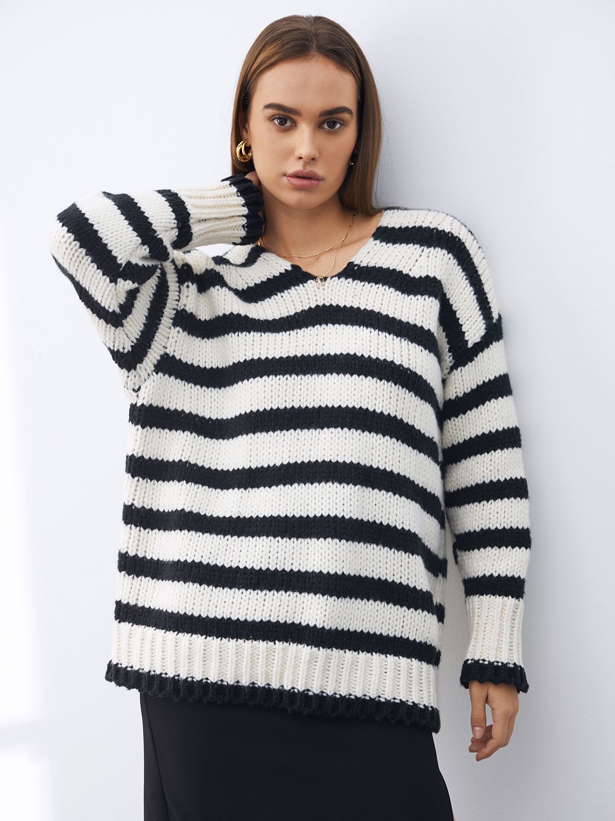 Drop Shoulder Striped V Neck Sweater