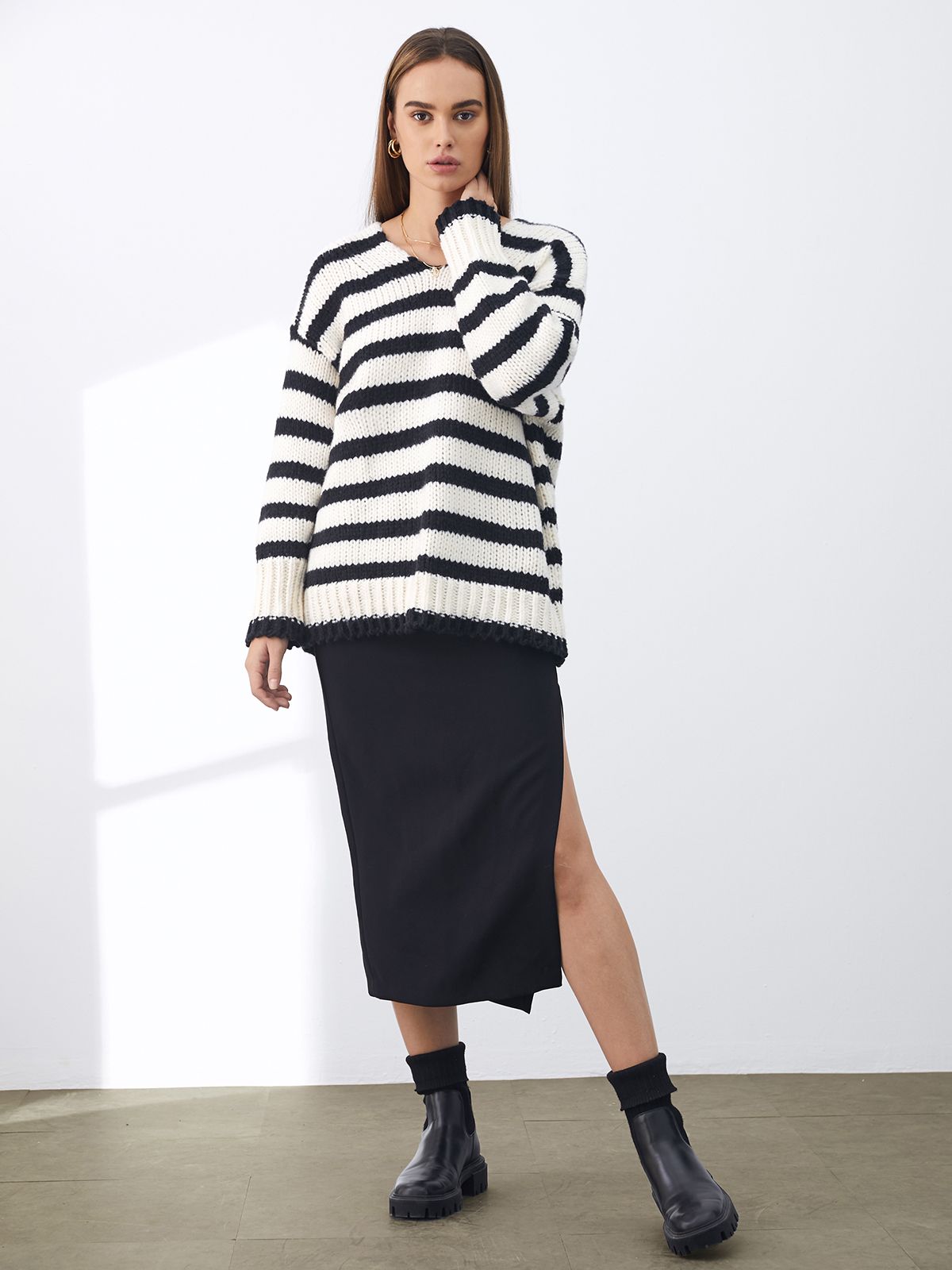 Drop Shoulder Striped V Neck Sweater