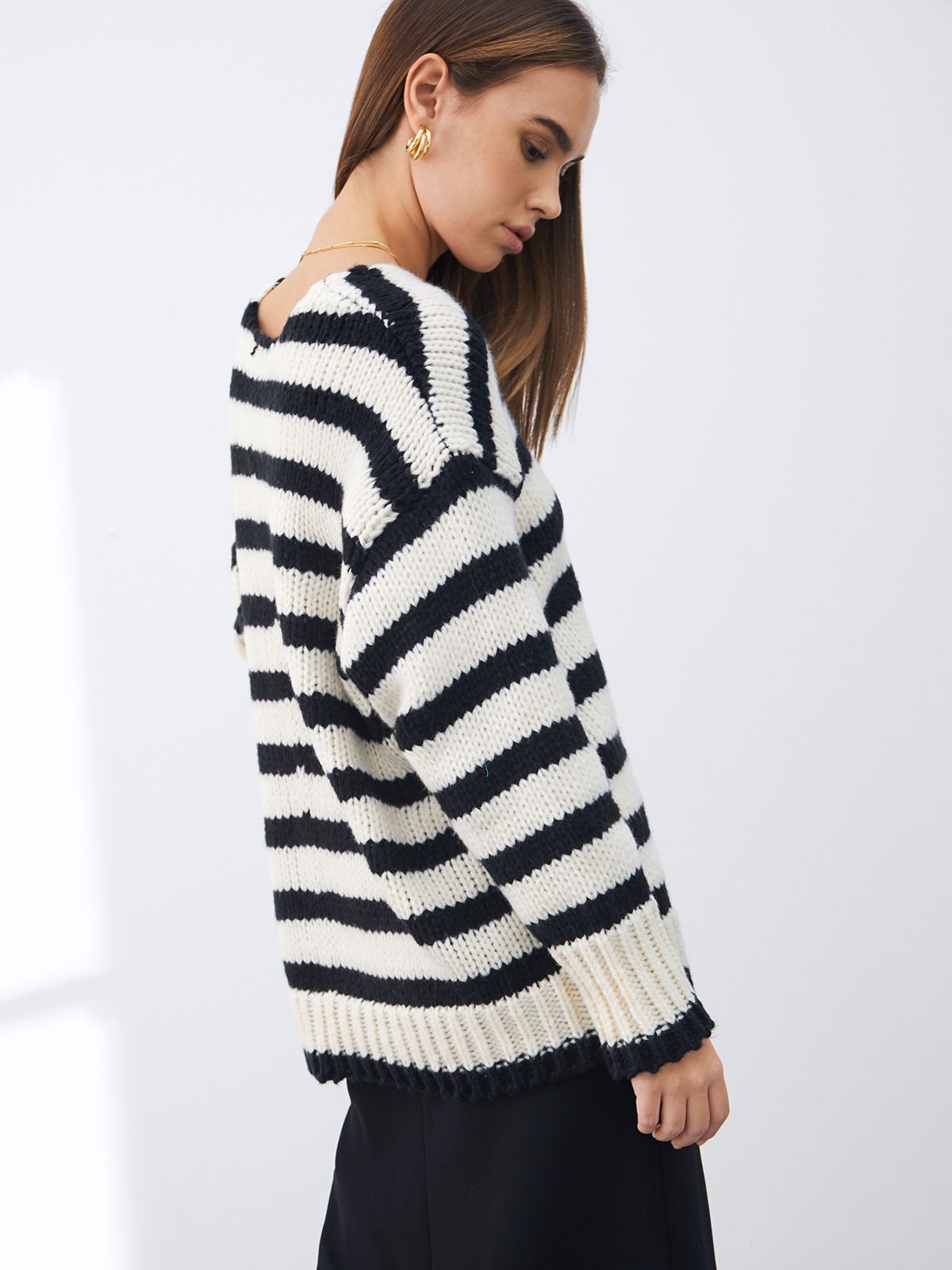 Drop Shoulder Striped V Neck Sweater