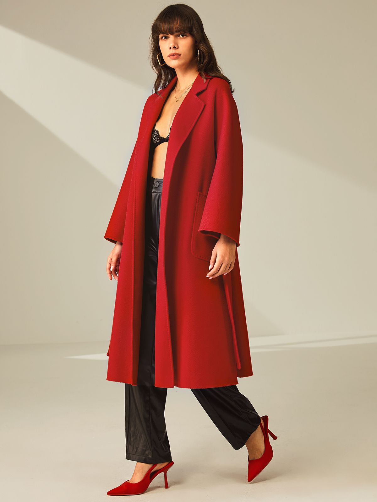 Lapel Belted Wool Overcoat