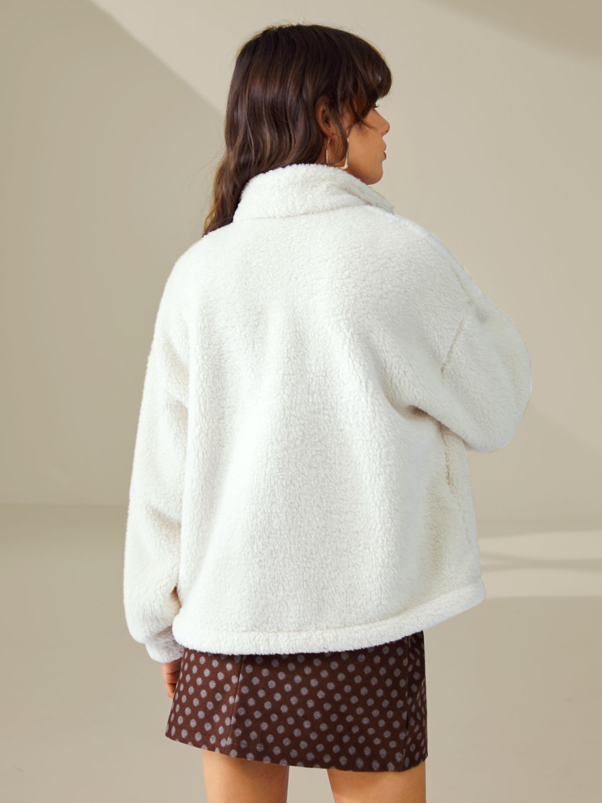 Cozy Drop Shoulder Sherpa Zip Up Funnel Neck Jacket