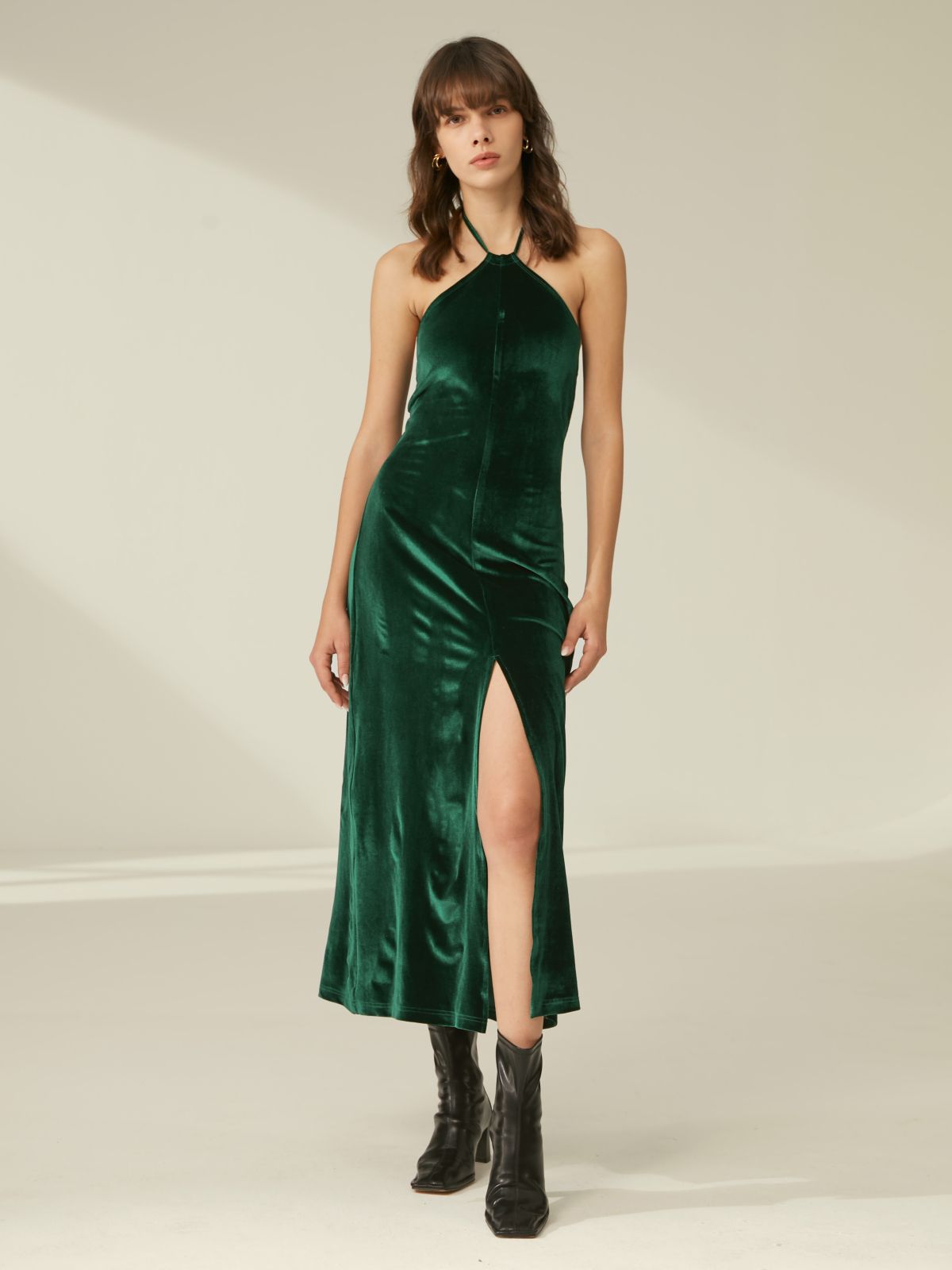 Halter Strap Sleeveless Velvet Dress with Slit