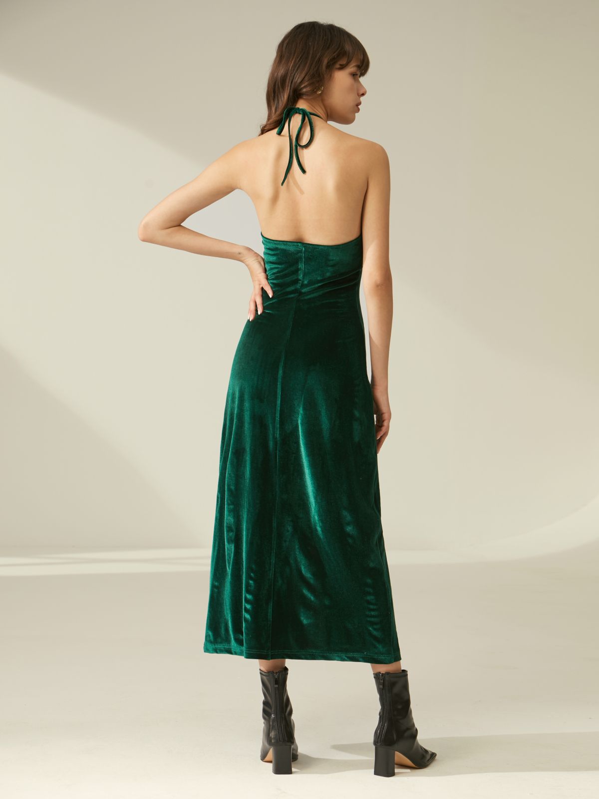 Halter Strap Sleeveless Velvet Dress with Slit