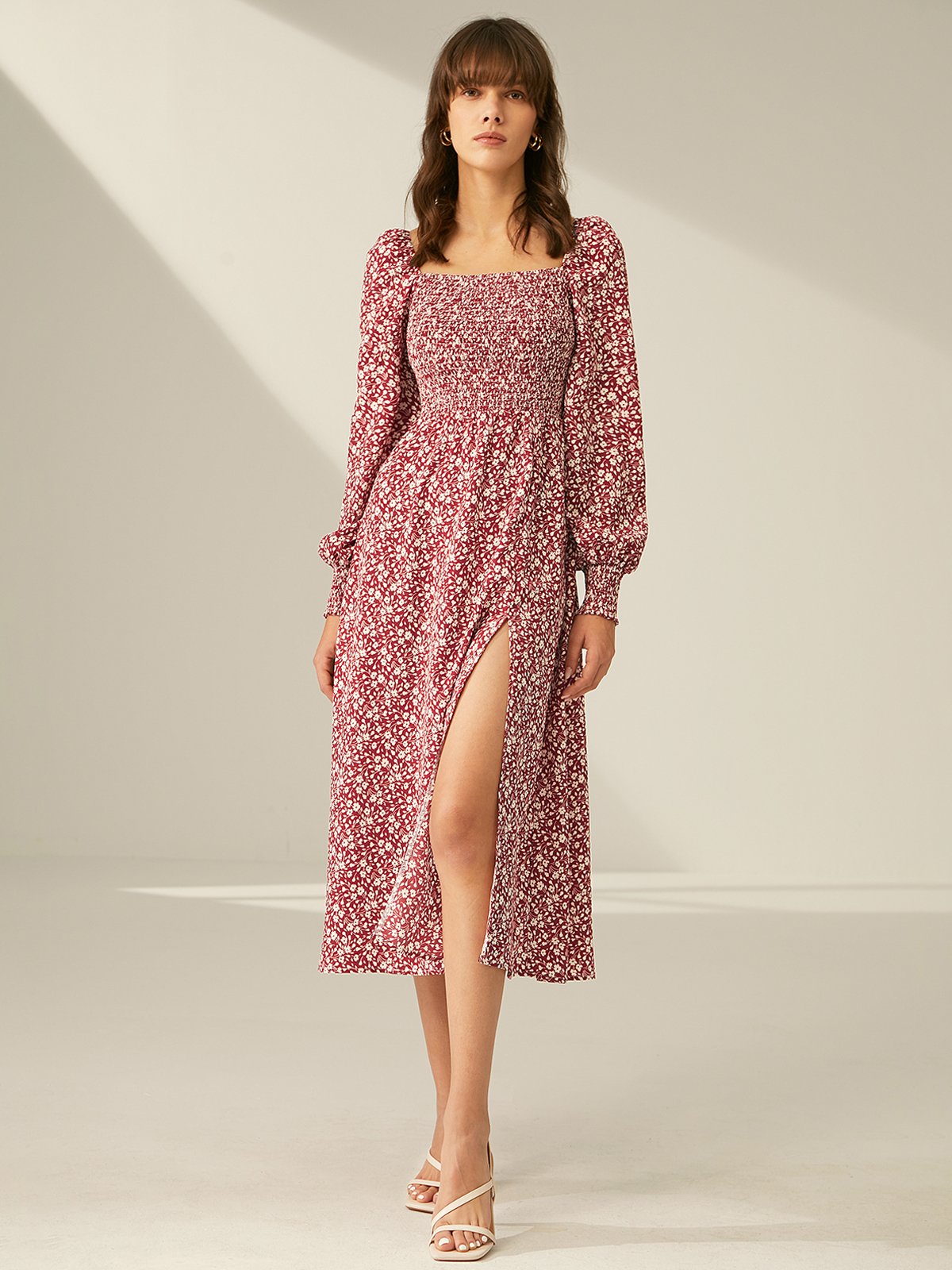 Square Neck Floral Long Sleeve Slit Dress