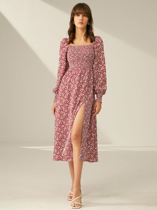 Square Neck Floral Long Sleeve Slit Dress