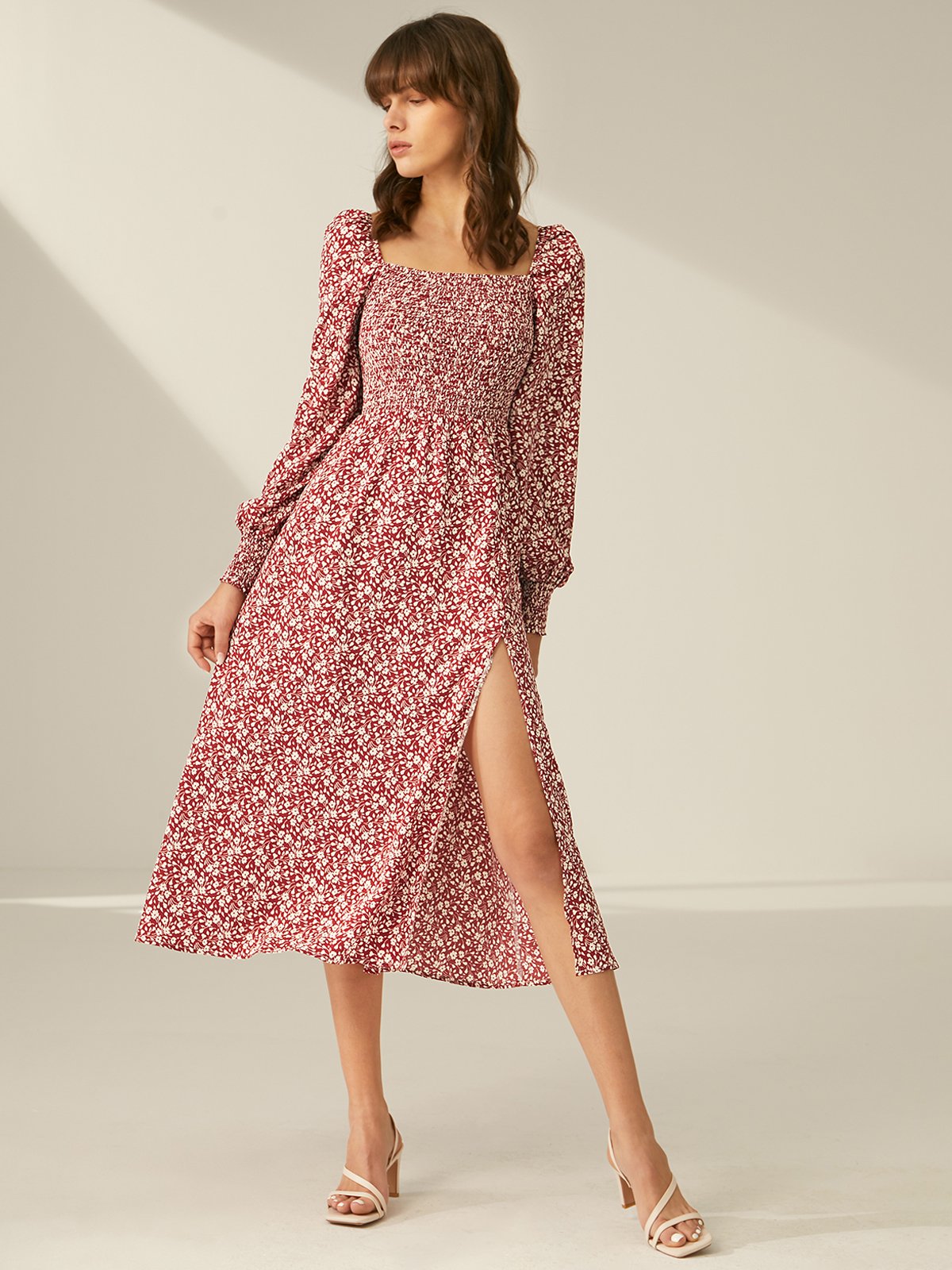 Square Neck Floral Long Sleeve Slit Dress