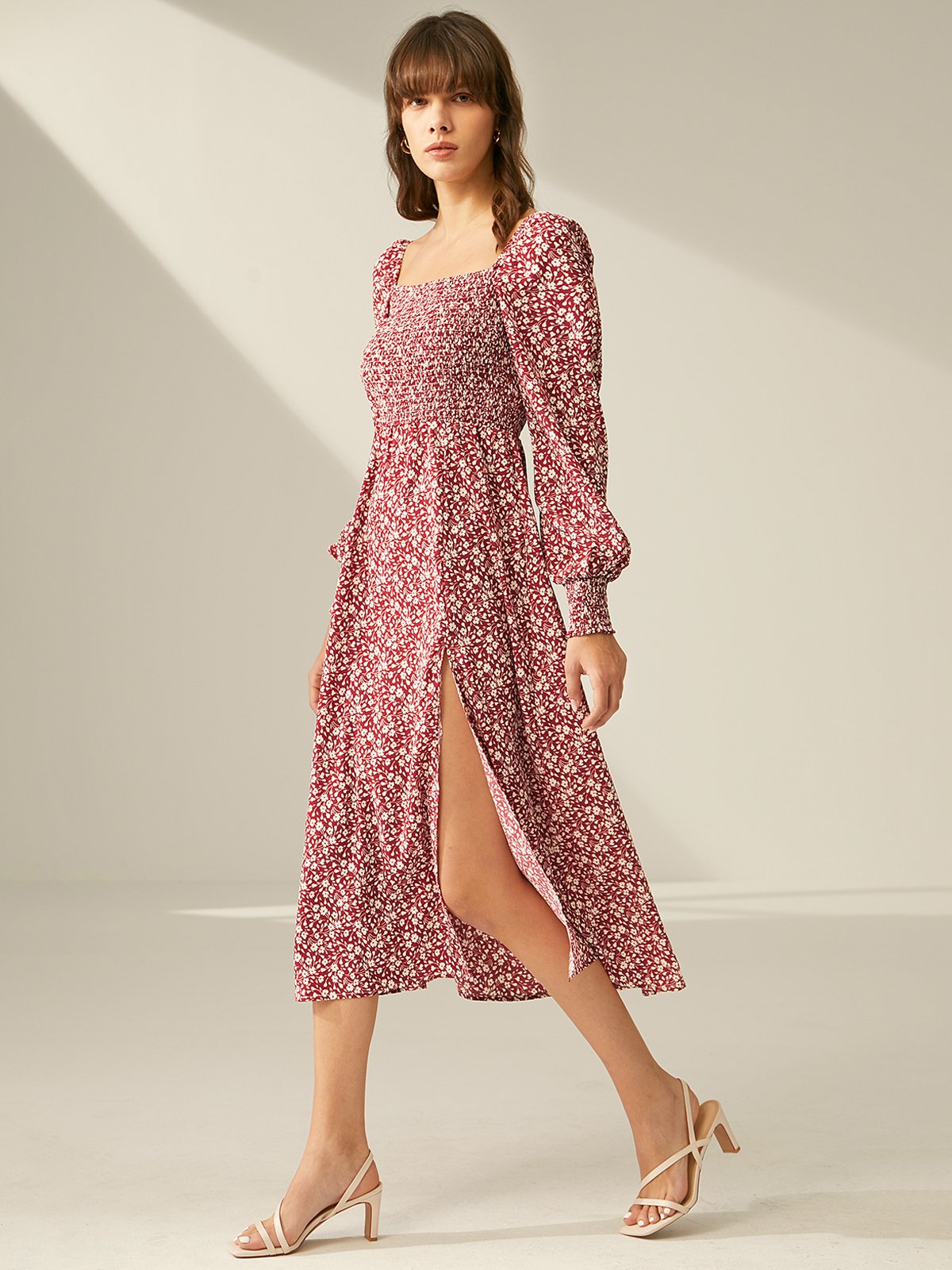 Square Neck Floral Long Sleeve Slit Dress