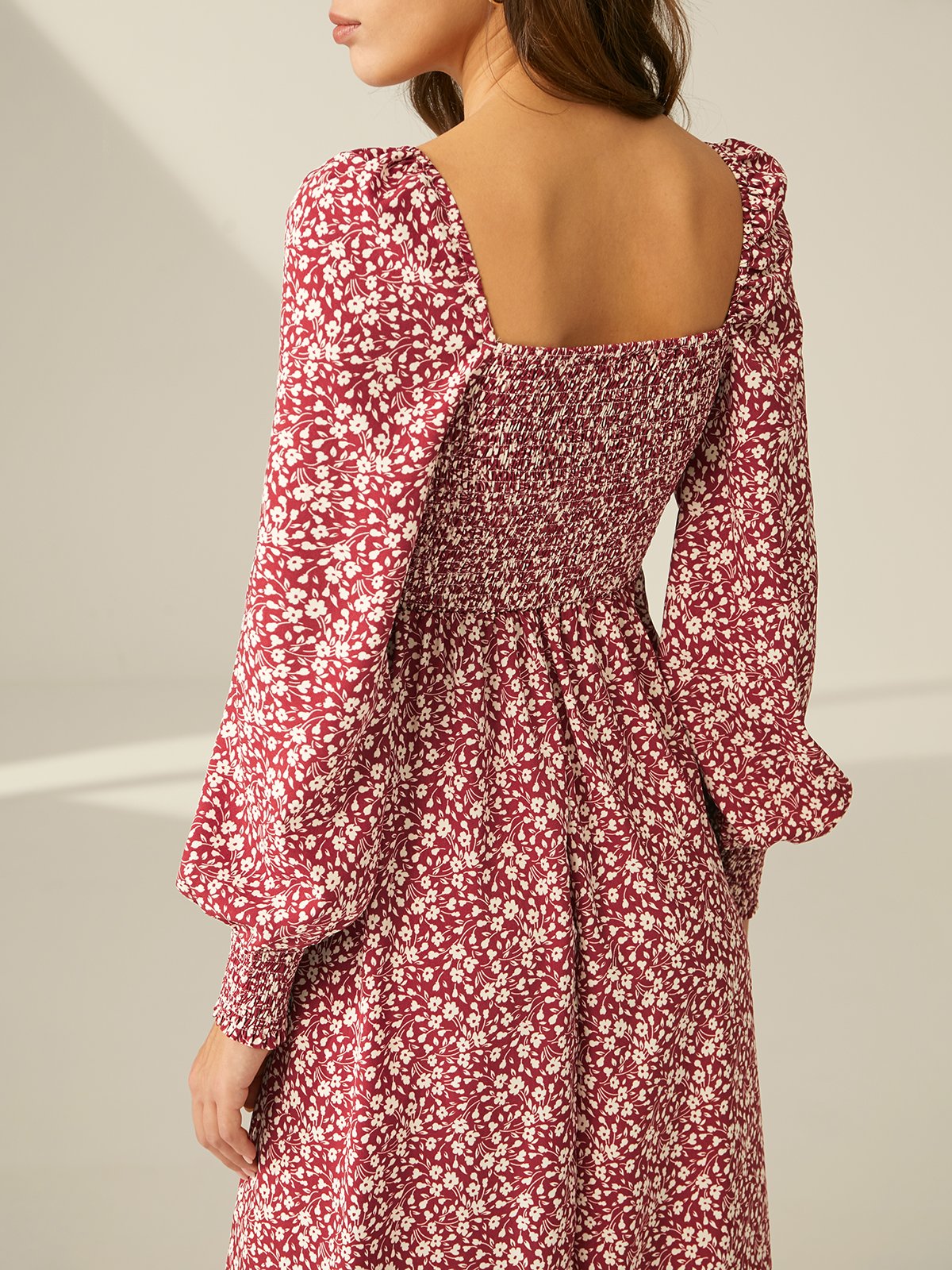 Square Neck Floral Long Sleeve Slit Dress