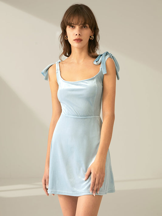 Velvet Square Neck Shoulder Tie Dress