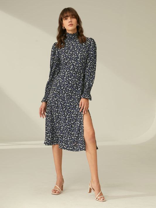 Long Sleeve Mockneck Floral Slit Dress