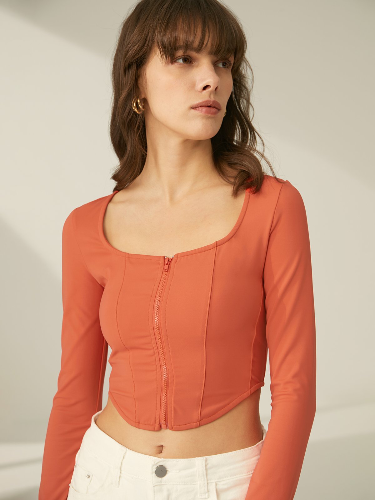 Cropped Square Neck Contour Long Sleeve Top