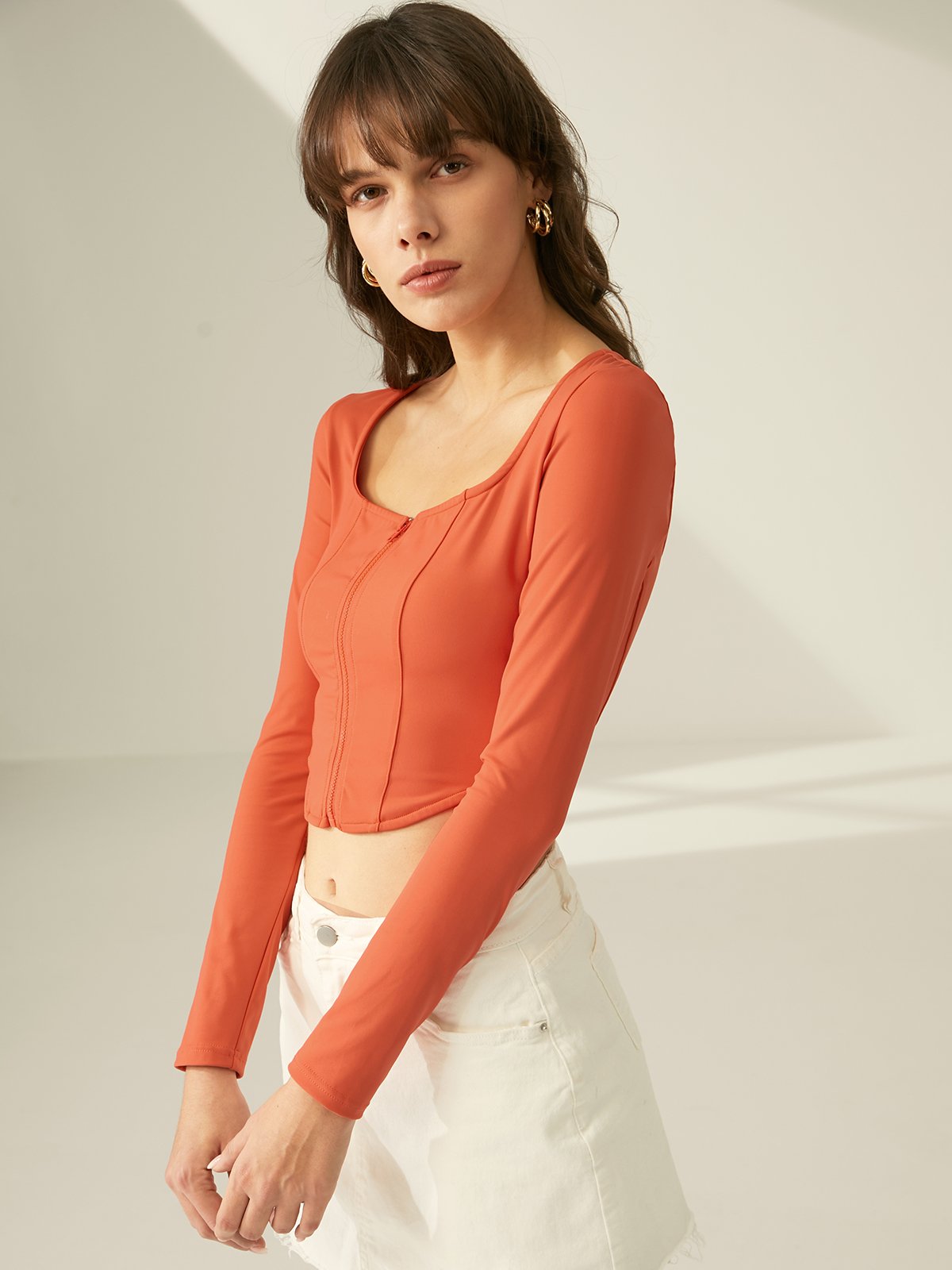 Cropped Square Neck Contour Long Sleeve Top