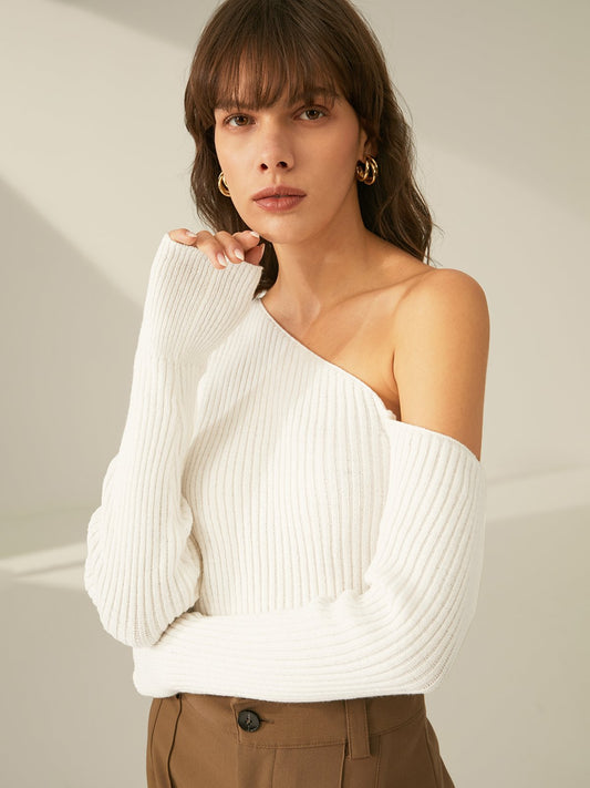 One Shoulder Long Sleeve Ribbed Sweater