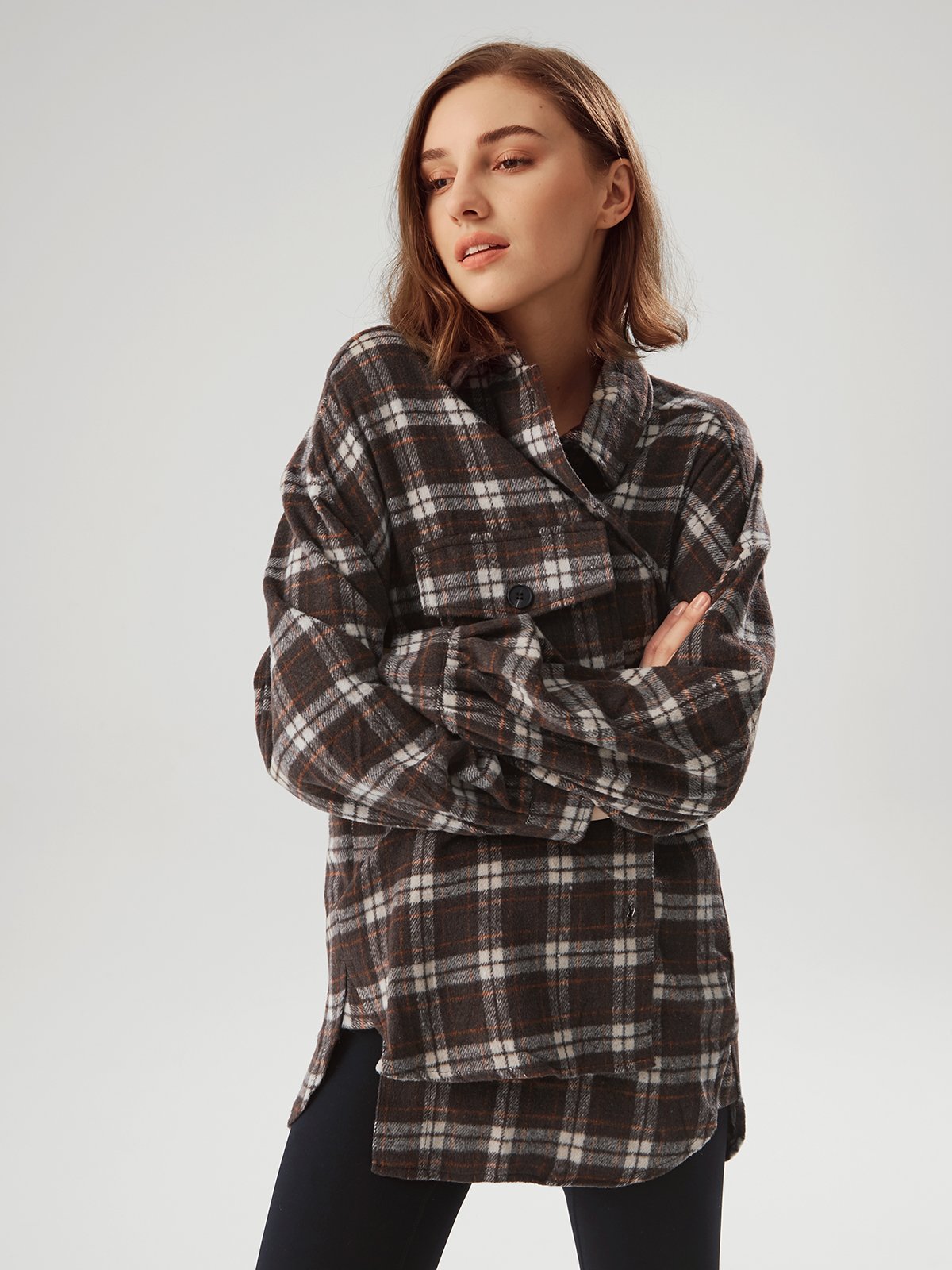 Plaid Double Pocket Oversized Shirt Jacket